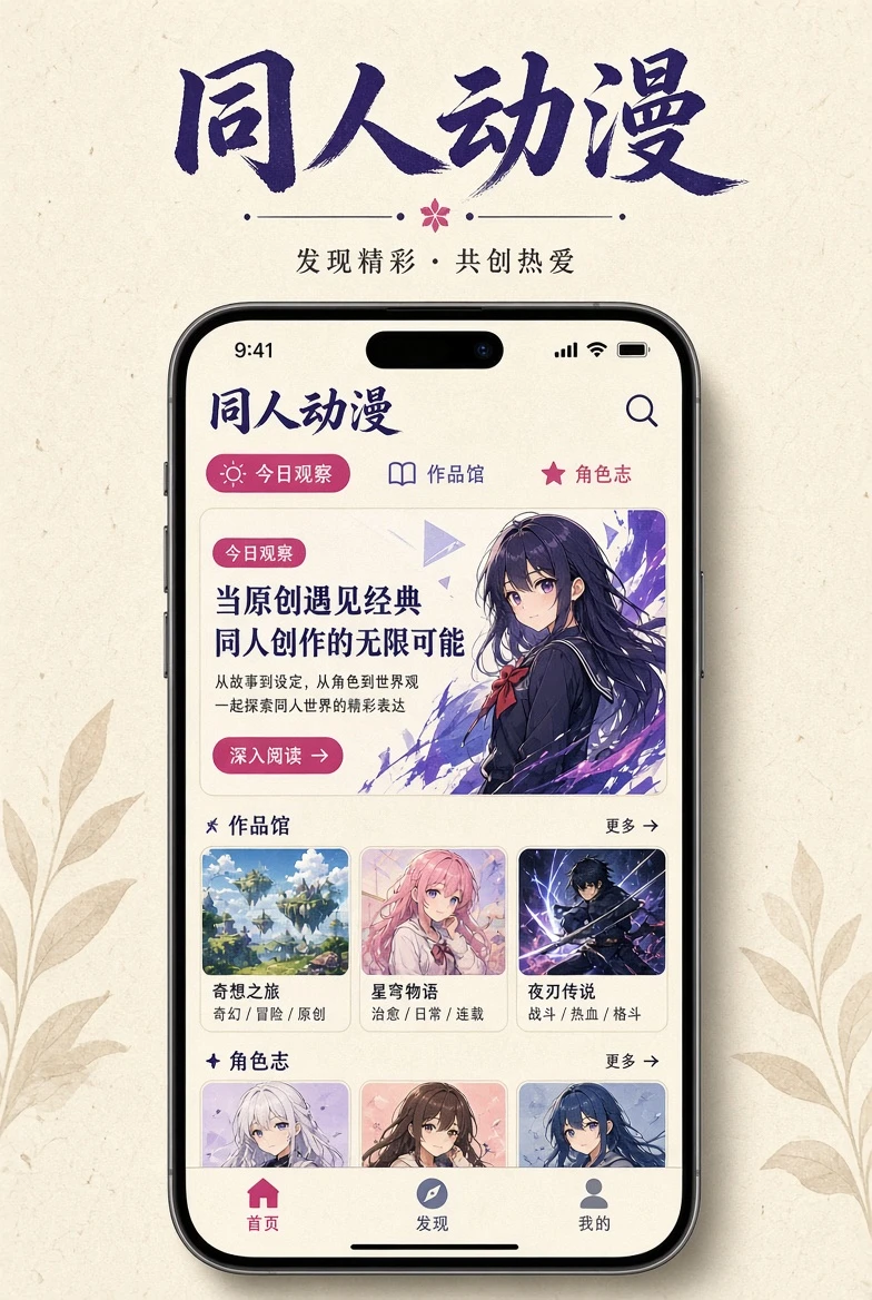 同人动漫移动端应用页面示意